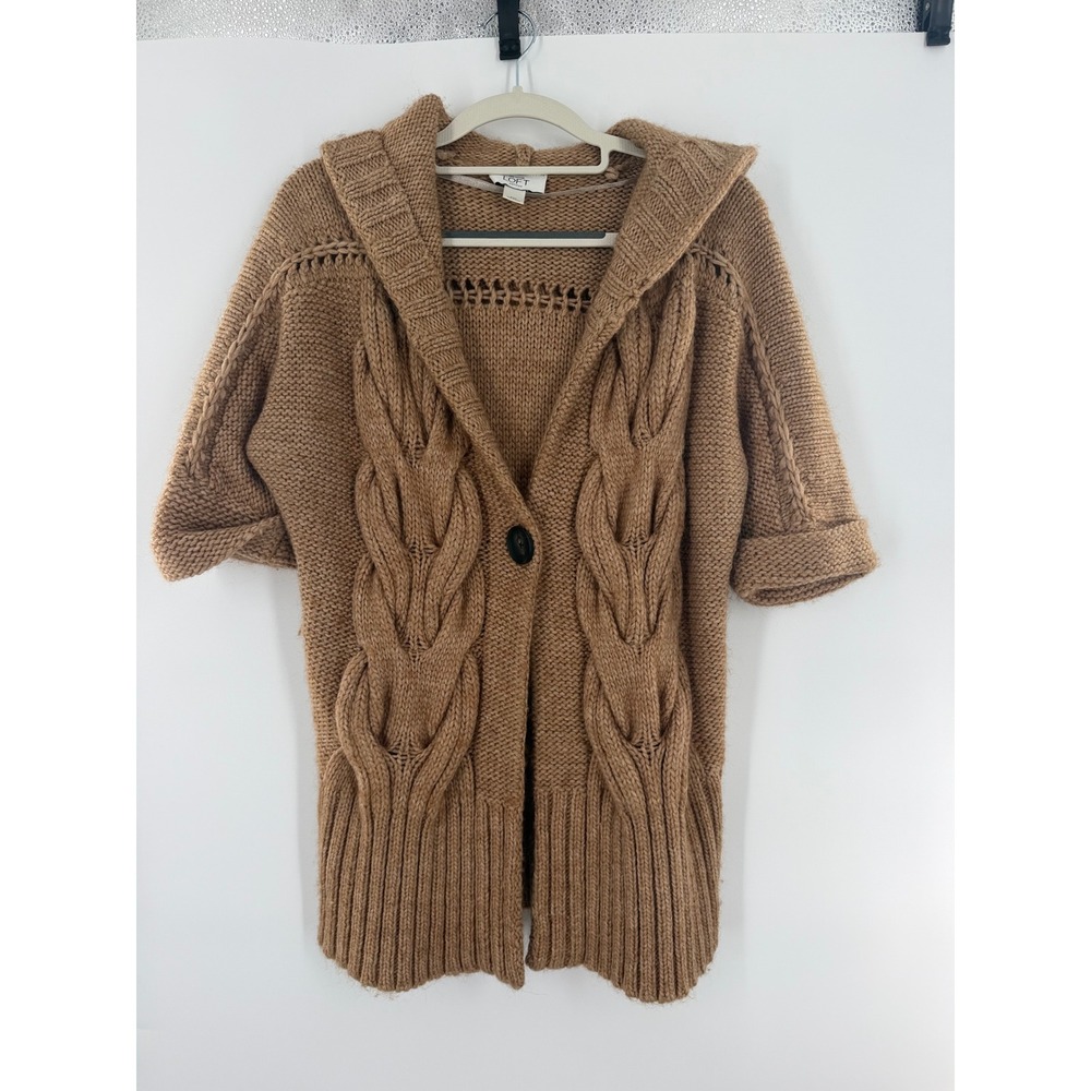 LOFT Ann Taylor Petites Brown Cable Knit Hooded Cardigan Short Sleeve MP